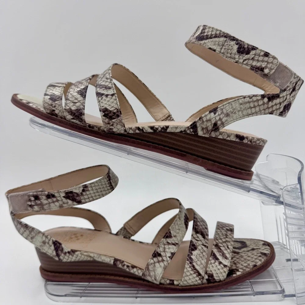 Vince‎ Camuto Womens Leather Snakeskin Print Strappy Sandals Tan Brown 8M | 38.5
